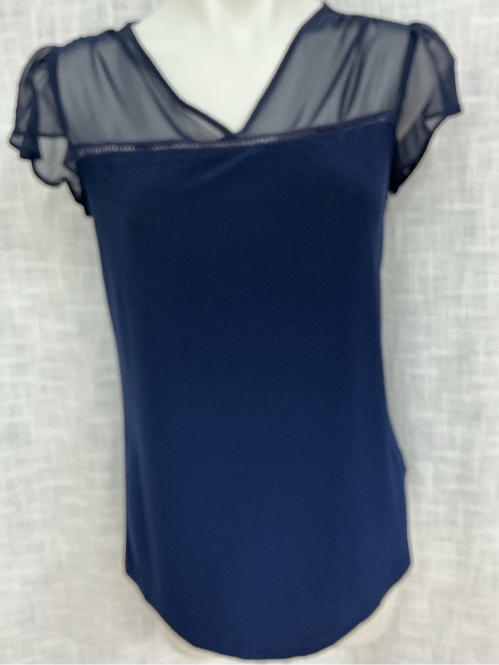 PerSeption Concept Navy V-Neck Sheer Yoke Flutter Sleeve Top